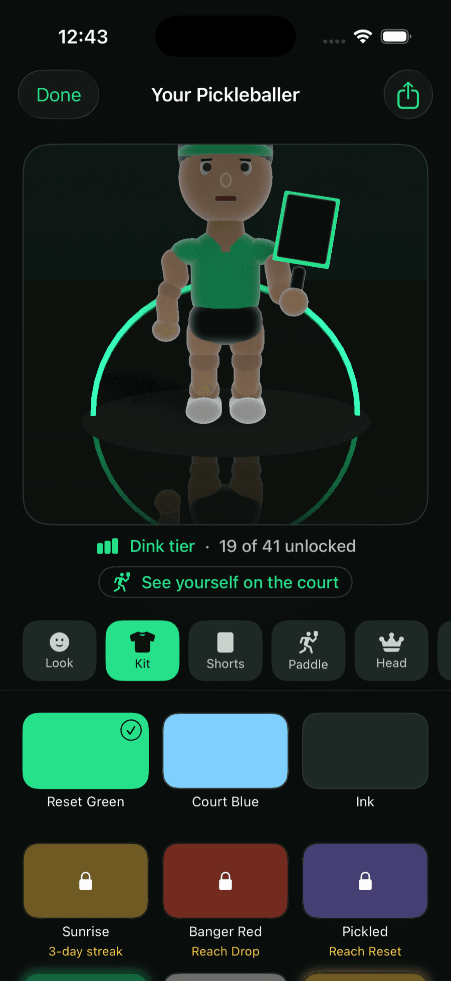 Your Pickleballer — a customizable 3D avatar (Look, Kit, Shorts, Paddle, Head) with earned-only unlocks