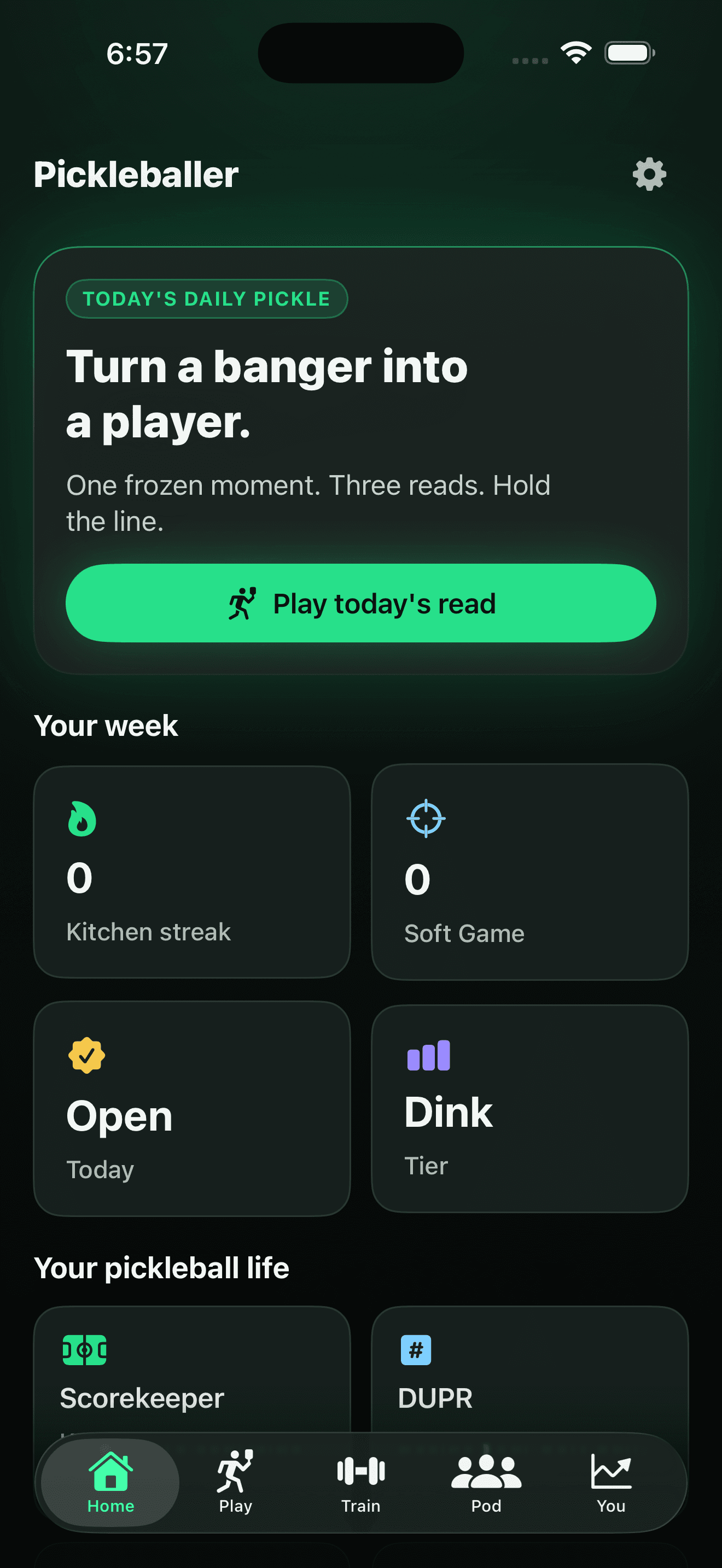 Home — today’s Daily Pickle, kitchen streak and Soft Game rating